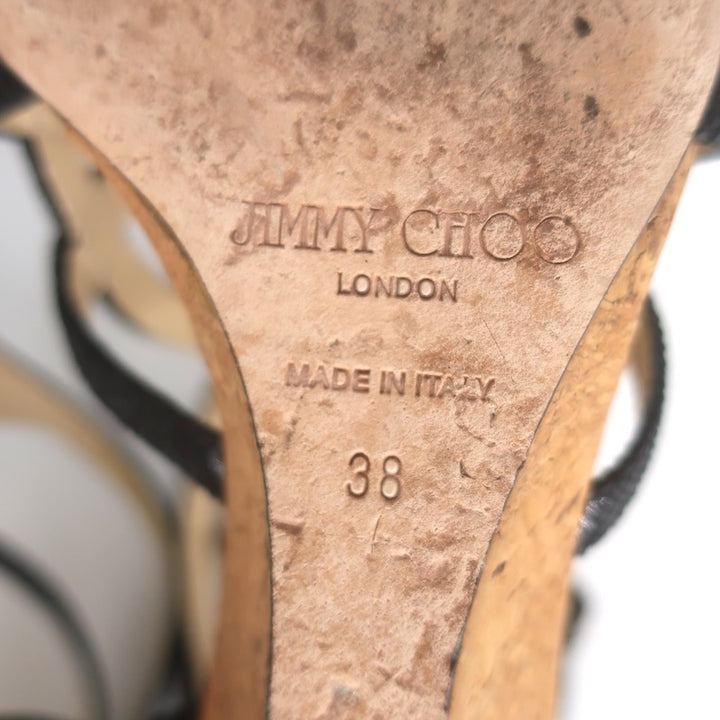 Jimmy Choo Cork Wedge Ankle Strap Cage Sandals Black Embossed Leather Size 38