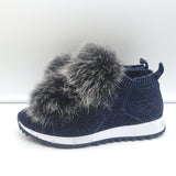 Jimmy Choo Norway Fur Pom Pom Sneakers Navy Lurex Knit Size 35