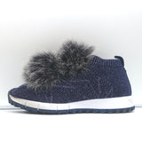 Jimmy Choo Norway Fur Pom Pom Sneakers Navy Lurex Knit Size 35