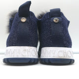 Jimmy Choo Norway Fur Pom Pom Sneakers Navy Lurex Knit Size 35