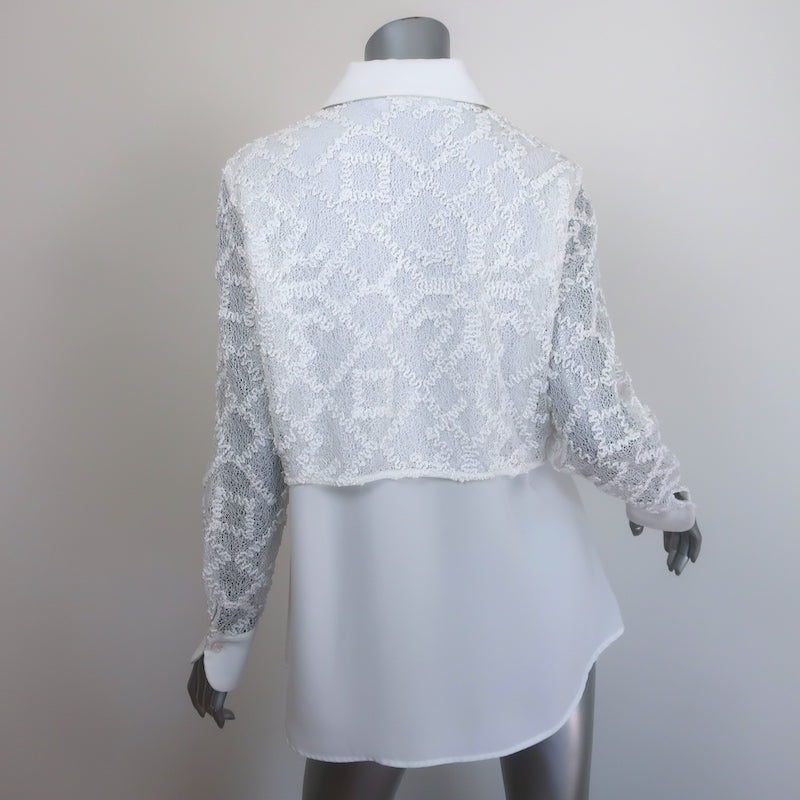 Anne Fontaine Eliame Lace-Overlay Blouse White Crepe Size 44 Button-Down Shirt