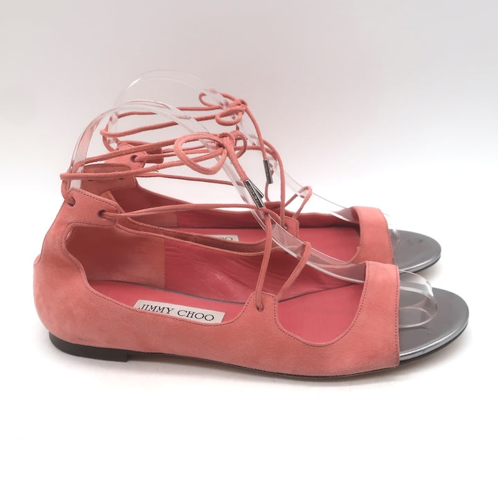 Jimmy Choo Vernie Lace-Up Flat Sandals Salmon Suede Size 38
