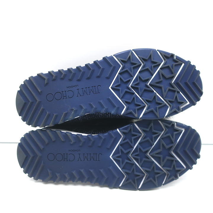 Jimmy Choo Norway Fur Pom Pom Sneakers Navy Lurex Knit Size 35
