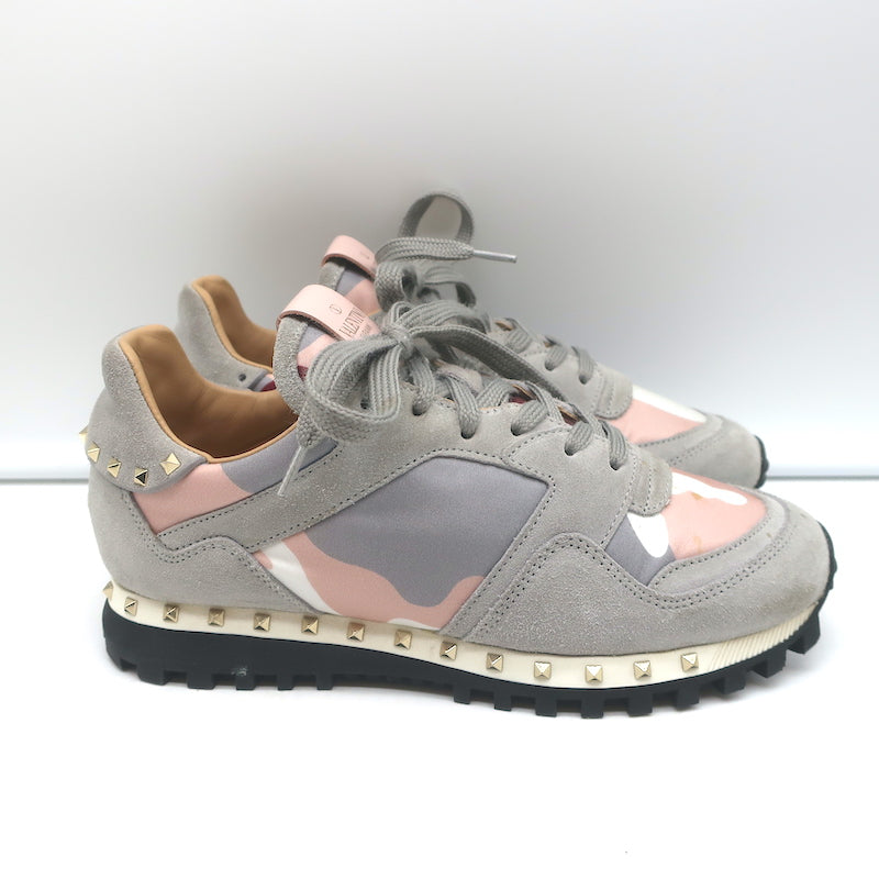 Valentino Soul Rockstud Sneakers Pink Camo &amp; Gray Suede Size 35