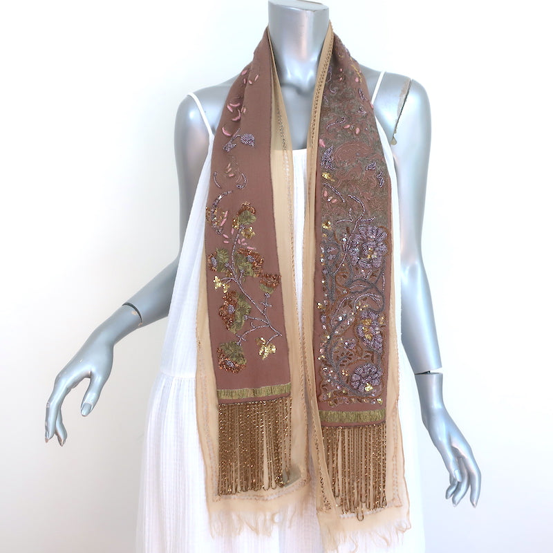 Dries Van Noten Scarf Beige Beaded & Chain-Embellished Silk