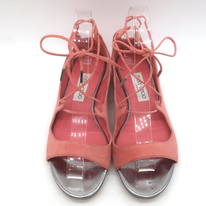 Jimmy Choo Vernie Lace-Up Flat Sandals Salmon Suede Size 38