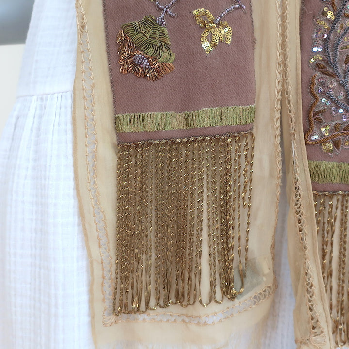 Dries Van Noten Scarf Beige Beaded &amp; Chain-Embellished Silk &amp; Wool