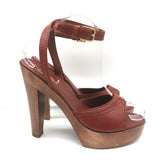 Yves Saint Laurent Wood Platform Sandals Brown Leather Size 38 Ankle Strap Heels