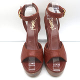 Yves Saint Laurent Wood Platform Sandals Brown Leather Size 38 Ankle Strap Heels