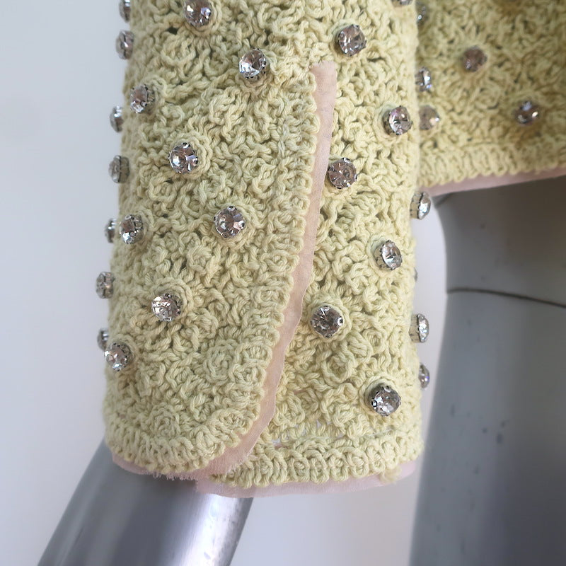 Zara Crystal-Embellished Crochet Knit Cardigan Light Yellow Size Extra Small NEW
