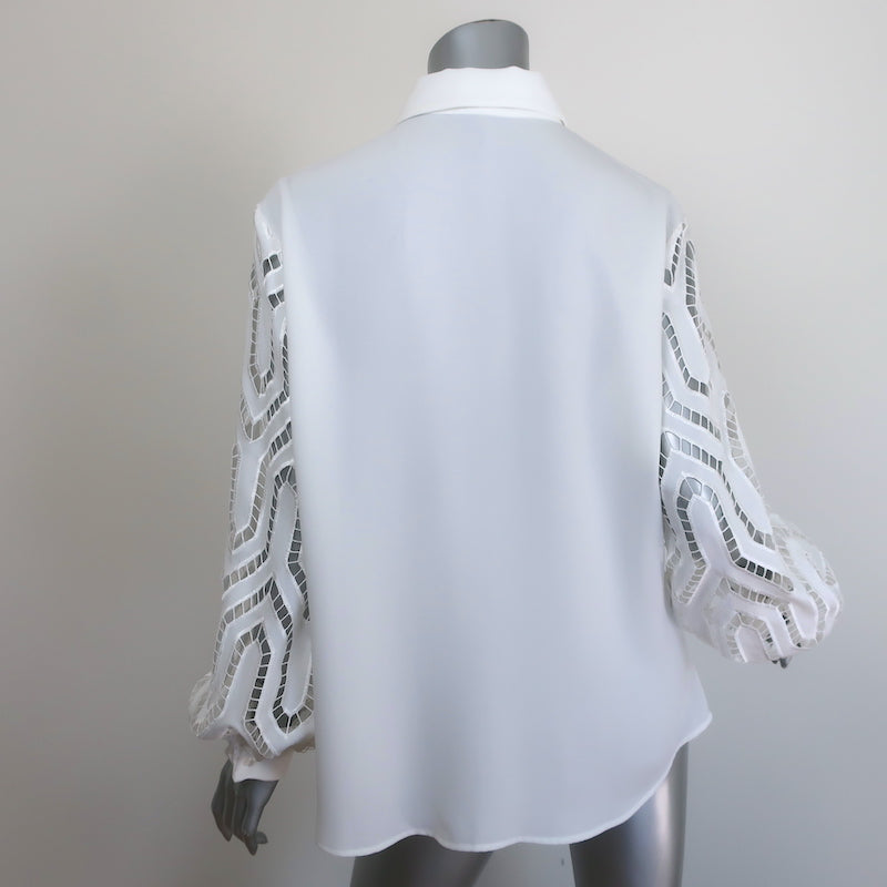 Anne Fontaine Cecilia Lace-Sleeve Blouse White Crepe Size 44 Button-Down Top