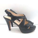 Prada Crisscross Platform Sandals Black Leather Size 36.5 Slingback Heels