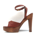 Yves Saint Laurent Wood Platform Sandals Brown Leather Size 38 Ankle Strap Heels