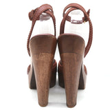 Yves Saint Laurent Wood Platform Sandals Brown Leather Size 38 Ankle Strap Heels