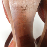 Yves Saint Laurent Wood Platform Sandals Brown Leather Size 38 Ankle Strap Heels