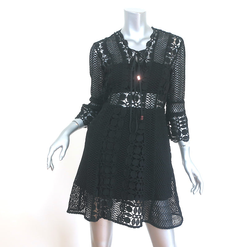 Self-Portrait Lace-Up Mini Dress Black Guipure Lace Size US 6 Bell Sle Celebrity Owned Self-Portrait Lace-Up Mini Dress Black Guipure Lace Size US 6 Bell Sle Celebrity Owned