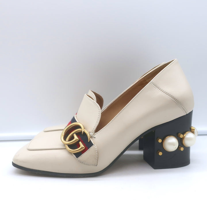 Gucci Peyton GG Marmont Pearl-Heel Loafer Pumps Cream Leather Size 36