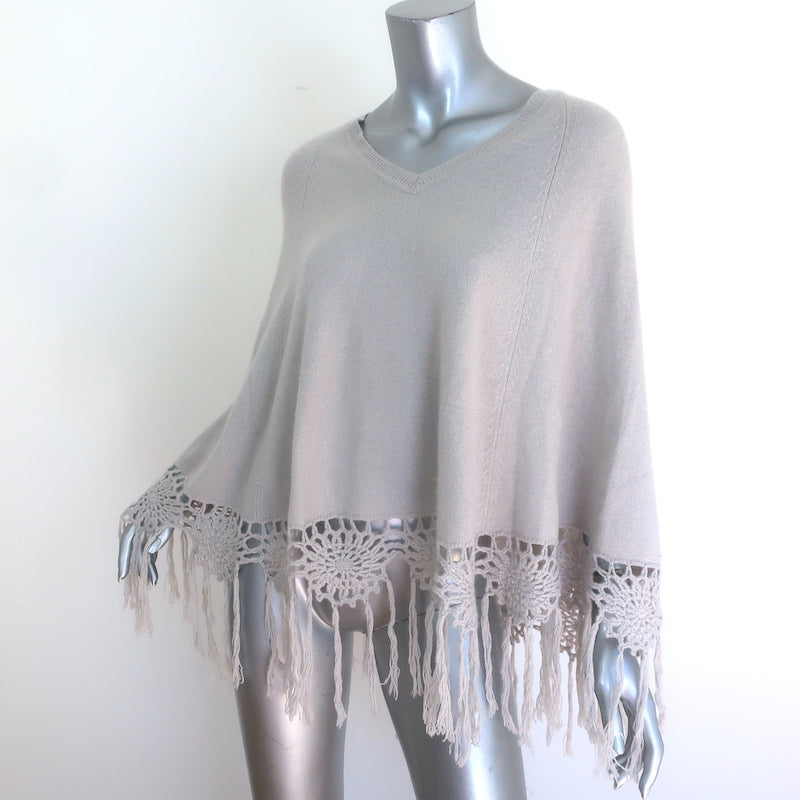 27 Miles Malibu Crochet-Fringed Cashmere Poncho Light Gray One Size