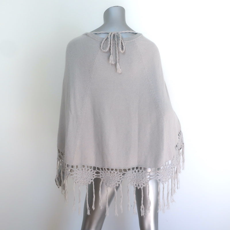 27 Miles Malibu Crochet-Fringed Cashmere Poncho Light Gray One Size
