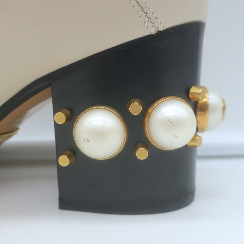 Gucci Peyton GG Marmont Pearl-Heel Loafer Pumps Cream Leather Size 36