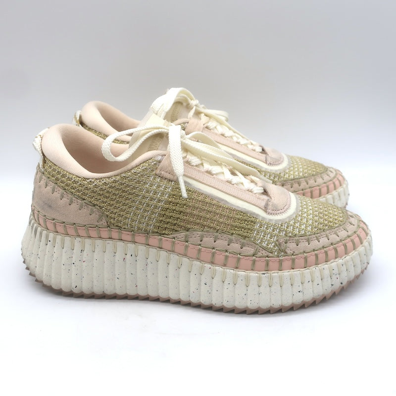 Chloe Nama Sneakers Gold Metallic Mesh &amp; Blush Suede Size 38