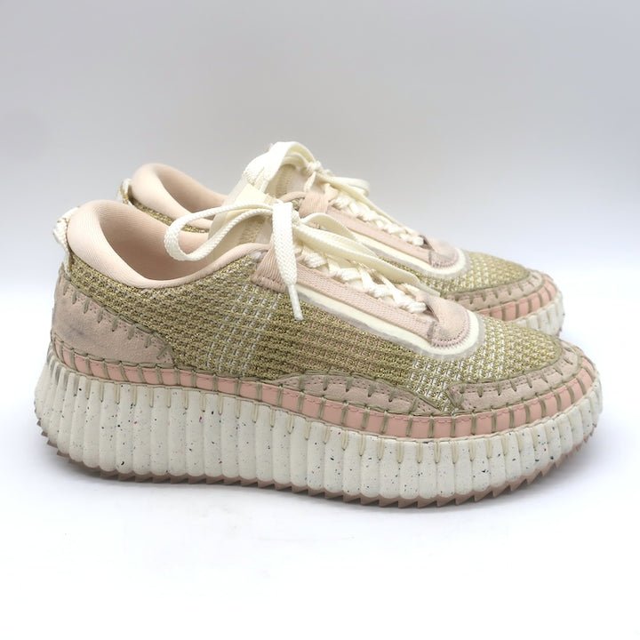 Chloe Nama Sneakers Gold Metallic Mesh &amp; Blush Suede Size 38