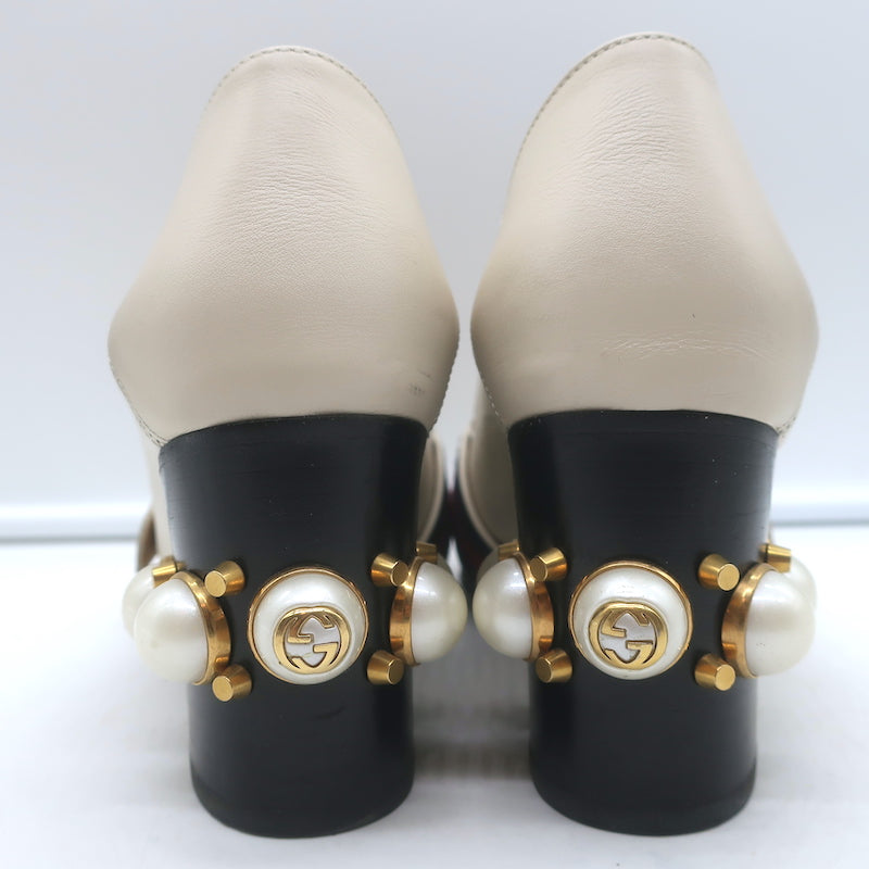 Gucci Peyton GG Marmont Pearl-Heel Loafer Pumps Cream Leather Size 36