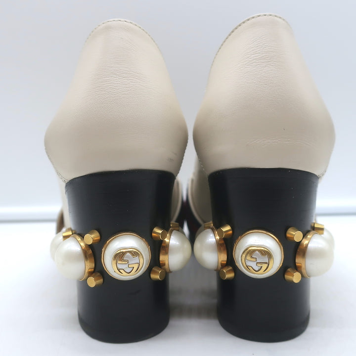 Gucci Peyton GG Marmont Pearl-Heel Loafer Pumps Cream Leather Size 36