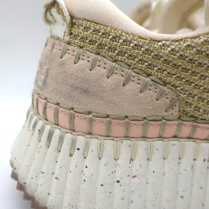 Chloe Nama Sneakers Gold Metallic Mesh &amp; Blush Suede Size 38