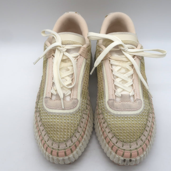 Chloe Nama Sneakers Gold Metallic Mesh &amp; Blush Suede Size 38