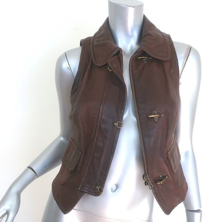 Vintage Moschino Brass Clasp-Closure Leather Vest Dark Brown Size US 4