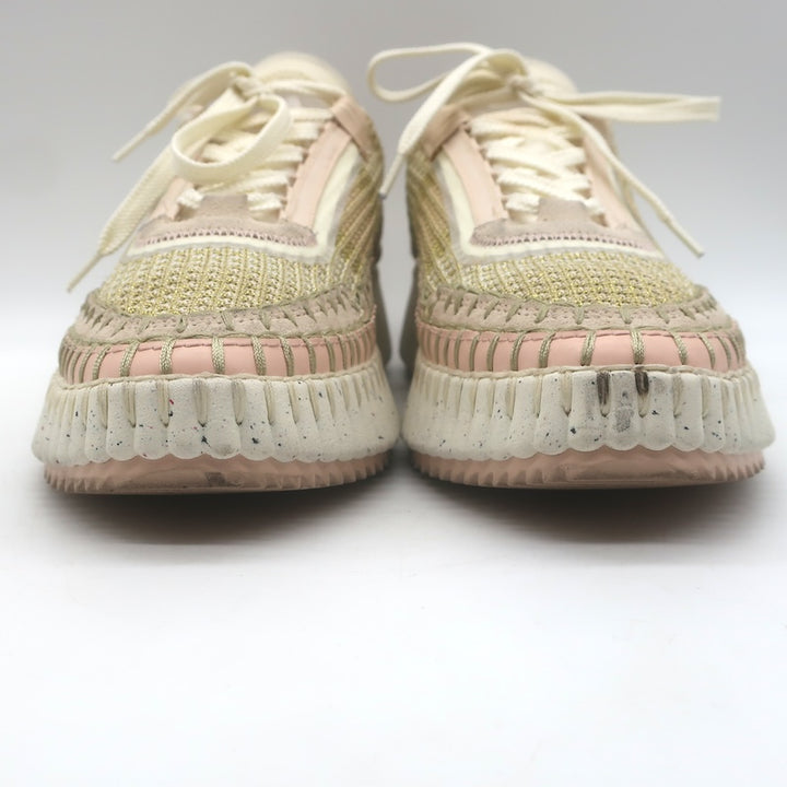 Chloe Nama Sneakers Gold Metallic Mesh &amp; Blush Suede Size 38