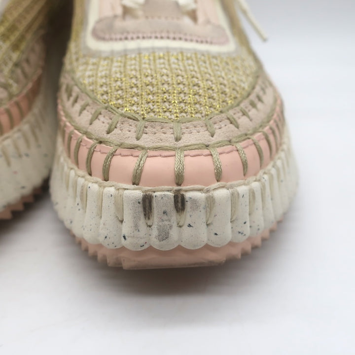 Chloe Nama Sneakers Gold Metallic Mesh &amp; Blush Suede Size 38