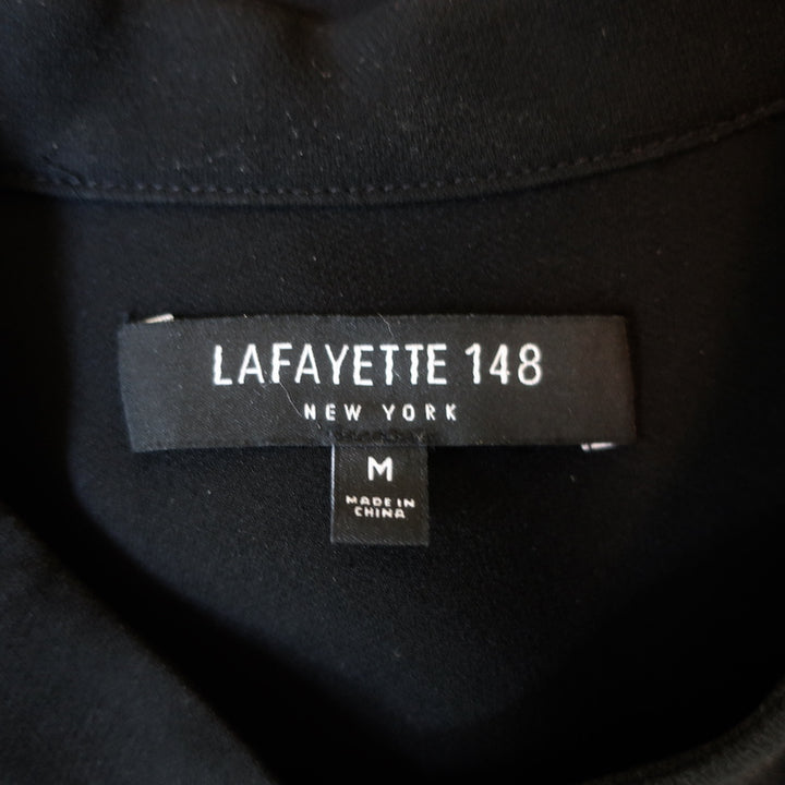 Lafayette 148 Beaded-Placket Tunic Black Silk Crepe Size Medium Long Sleeve Top