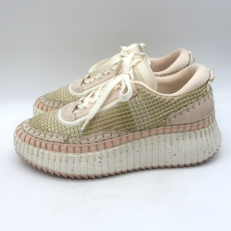 Chloe Nama Sneakers Gold Metallic Mesh &amp; Blush Suede Size 38