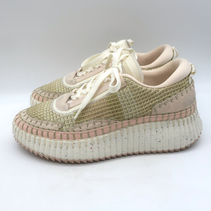 Chloe Nama Sneakers Gold Metallic Mesh &amp; Blush Suede Size 38
