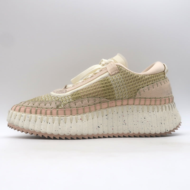 Chloe Nama Sneakers Gold Metallic Mesh &amp; Blush Suede Size 38