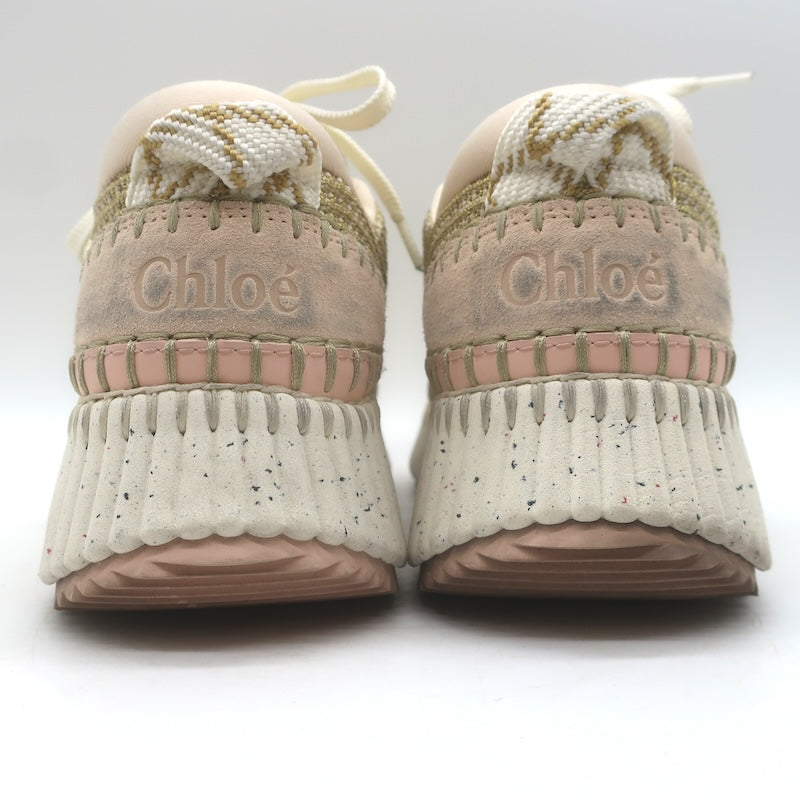 Chloe Nama Sneakers Gold Metallic Mesh &amp; Blush Suede Size 38