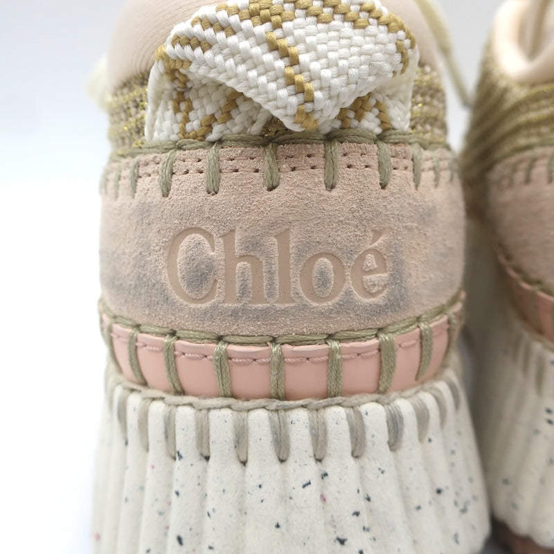 Chloe Nama Sneakers Gold Metallic Mesh &amp; Blush Suede Size 38
