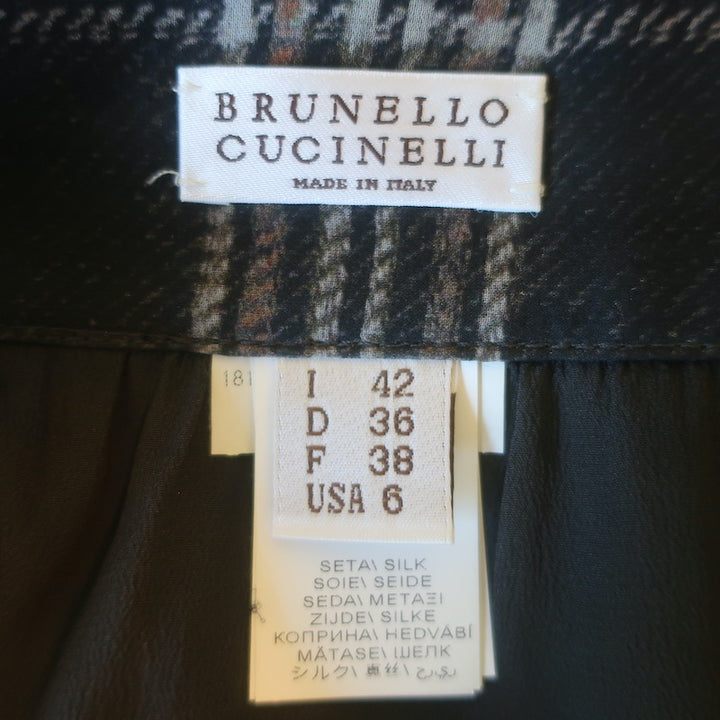 Brunello Cucinelli Checked Silk Chiffon Maxi Skirt Charcoal/Beige Size US 6