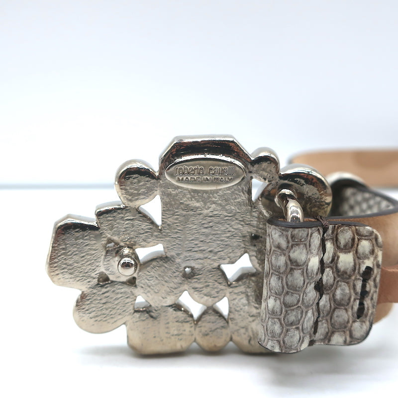 Roberto Cavalli Jewel Buckle Snakeskin Belt Cream Size 42