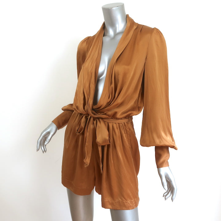 Zimmermann Plunge Wrap Romper Gold Silk Satin Size 1 Long Sleeve Playsuit