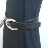 Ralph Lauren Crystal-Embellished Horseshoe Buckle Belt Black Leather Size Medium