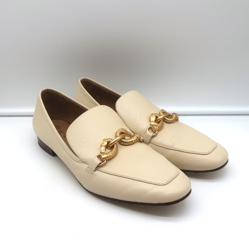 Louis Vuitton Cream Patent Leather Logo Loafers Size 39.5 For Sale