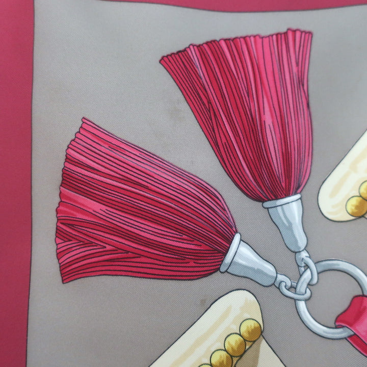 Vintage Hermes 1970 Aux Champs by Caty Latham 90cm Scarf Gray/Raspberry Silk Twill