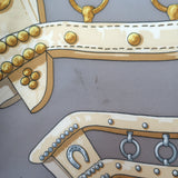 Vintage Hermes 1970 Aux Champs by Caty Latham 90cm Scarf Gray/Raspberry Silk Twill