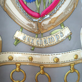 Vintage Hermes 1970 Aux Champs by Caty Latham 90cm Scarf Gray/Raspberry Silk Twill