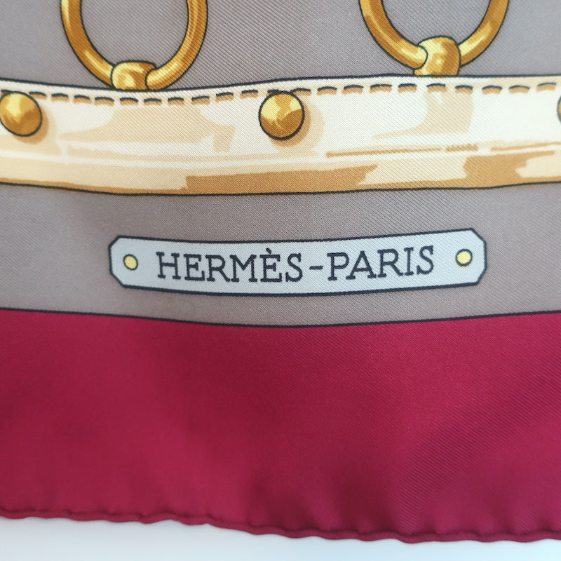 Vintage Hermes 1970 Aux Champs by Caty Latham 90cm Scarf Gray/Raspberry Silk Twill