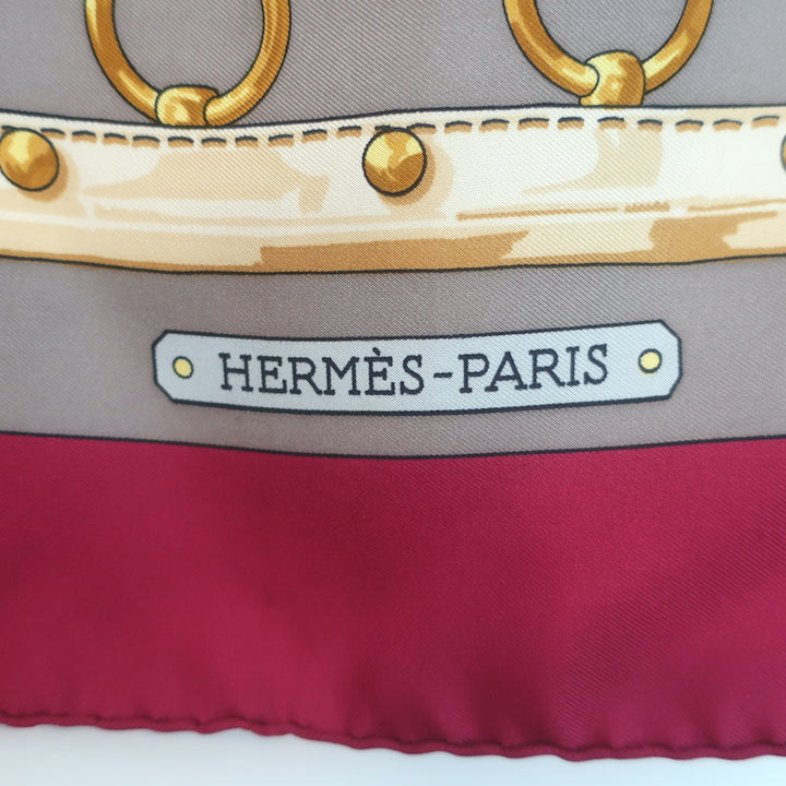 Vintage Hermes 1970 Aux Champs by Caty Latham 90cm Scarf Gray/Raspberry Silk Twill