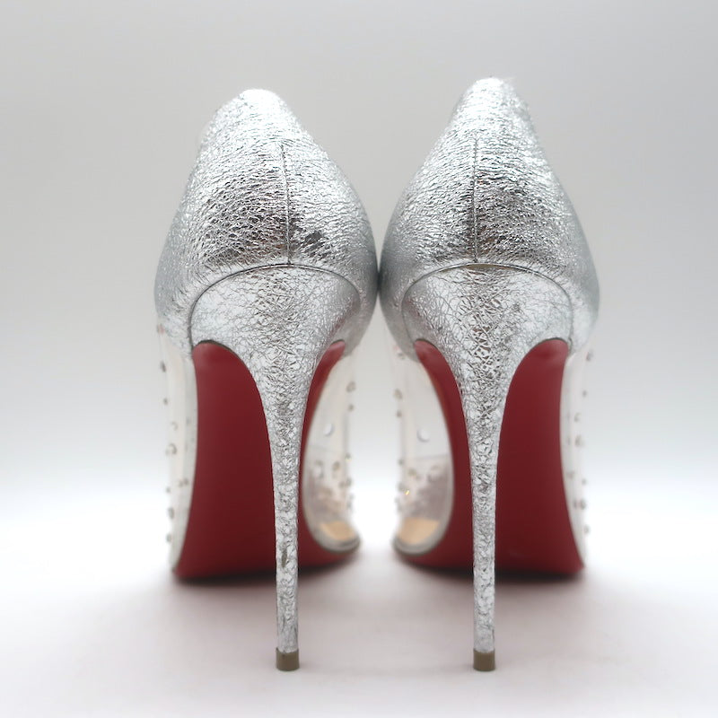 Christian Louboutin Degrastrass Pumps Silver Leather &amp; PVC Size 41 US 8.5